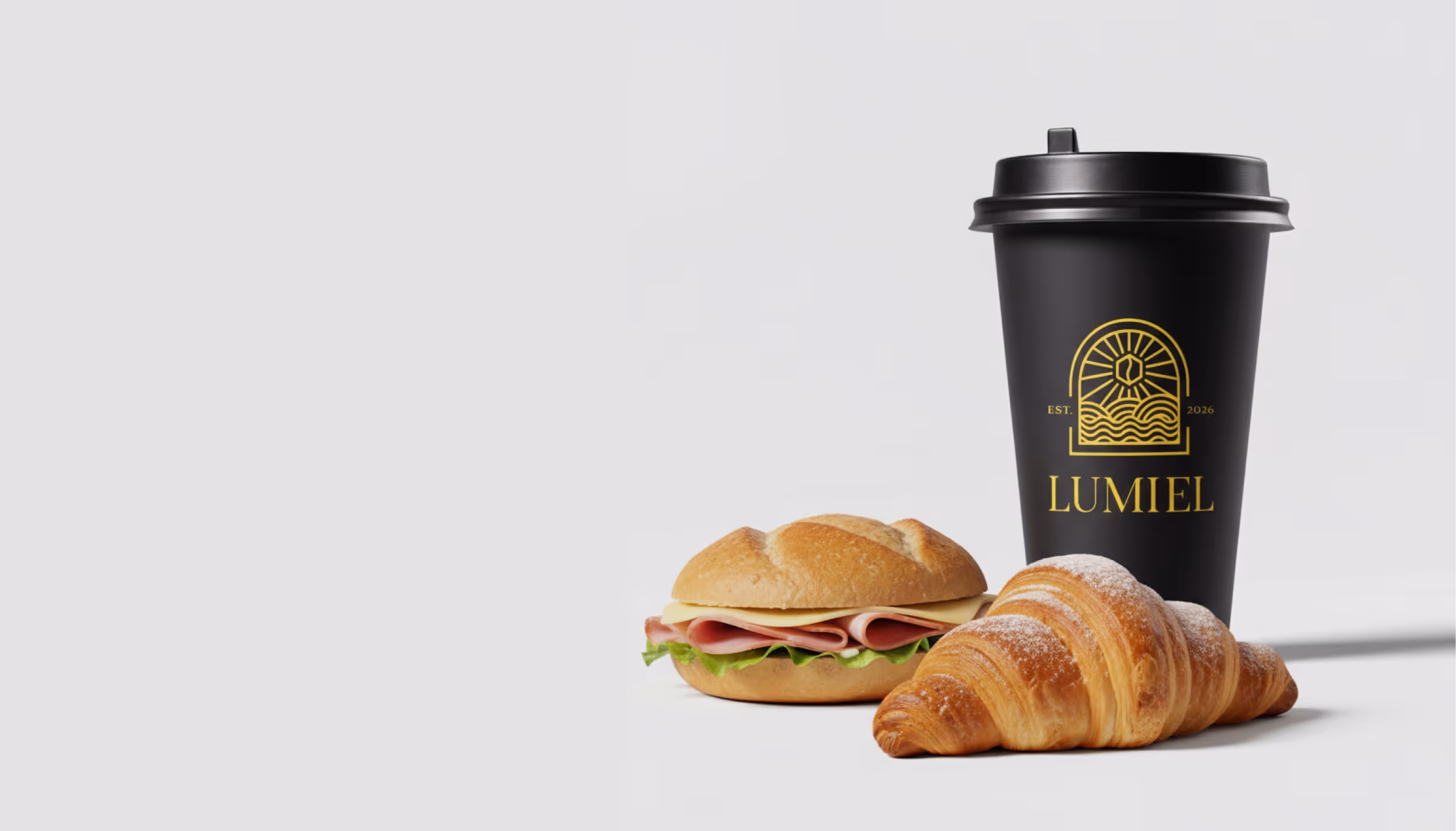 Schwarzer Kaffeebecher mit gelbem Lumiel-Logo, dazu ein Schinken-Käse-Sandwich und ein mit Puderzucker bestäubtes Croissant.